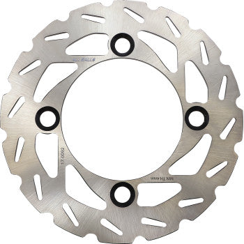 The Polaris Brake Rotor by All Balls is a silver, round stainless steel disc brake rotor with a wavy edge and four evenly spaced mounting holes, engineered for improved cooling efficiency.