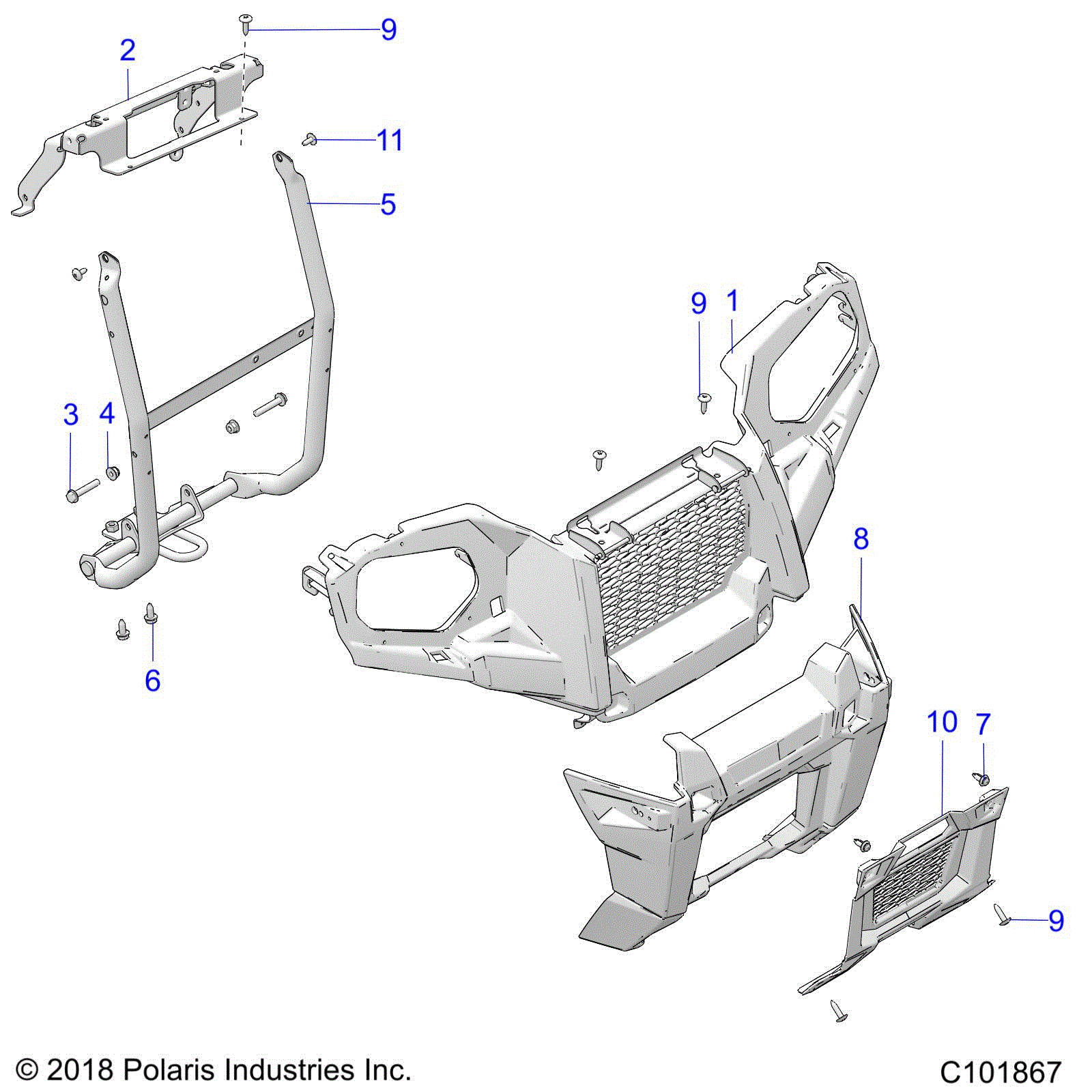 An Image of a Genuine Polaris Parts Schematic Diagram showing the schematic - BODY: FRONT BUMPER and MOUNTING - 2022 POLARIS SPORTSMAN TOURING 570