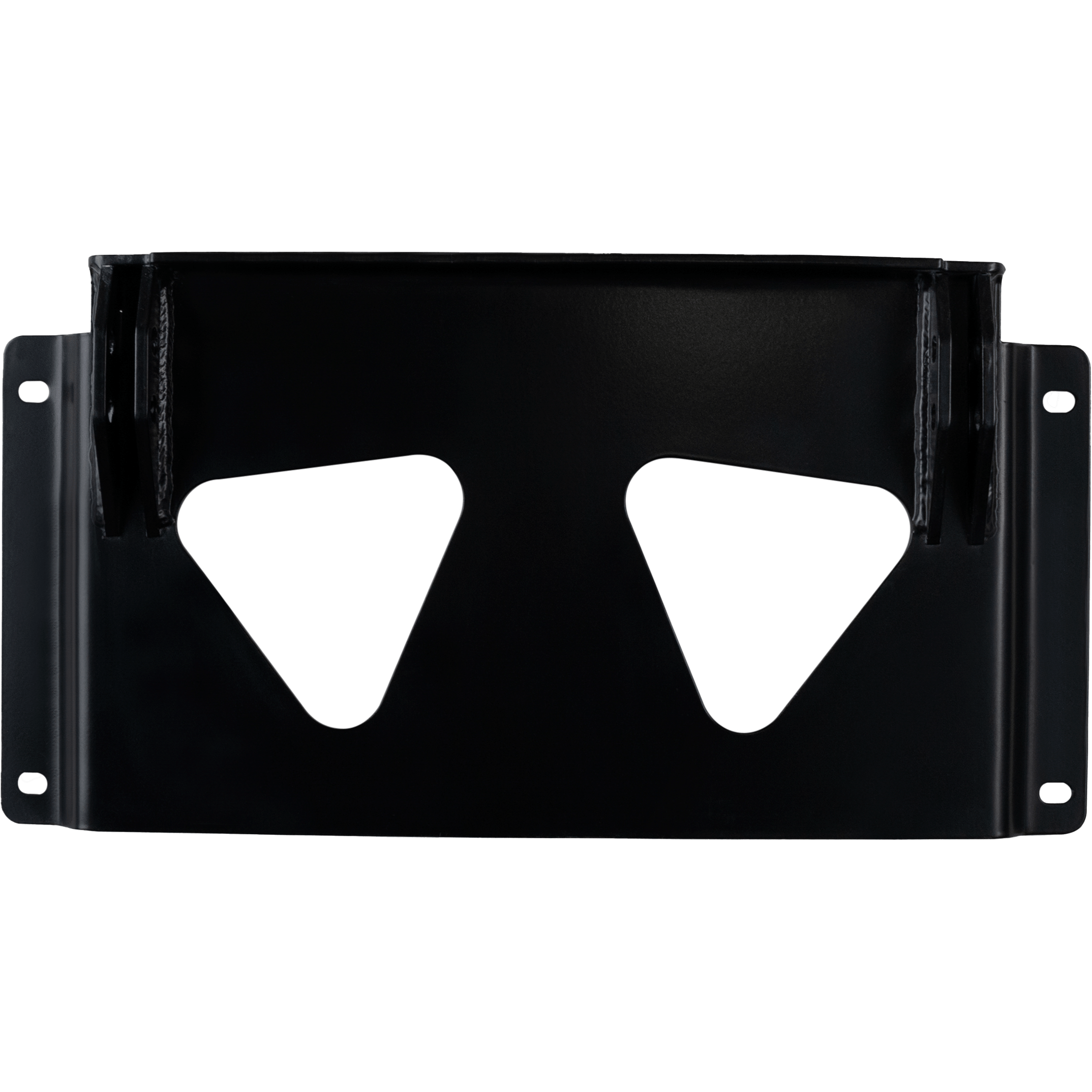 The ATV Plow Mount by Open Trail is a black metal bracket featuring two central triangular cutouts and flat side panels with corner mounting holes, shown from the front against a white background.