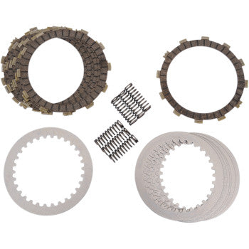 The Clutch Kit by Ebc, featuring heavy duty friction plates, steel plates, and clutch springs, is displayed in groups on a white background.