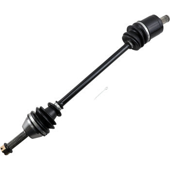 Black metal Polaris Ranger CV axle with ribbed rubber boots on both ends and splined shafts for offroad vehicle replacement.