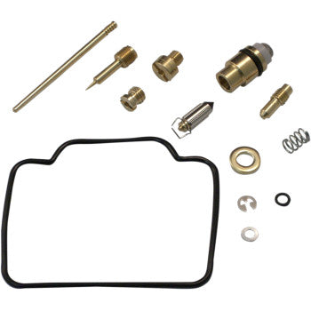The Suzuki Carburetor Repair Kit by Shindy includes main and pilot jets, float valves, screws, a black rubber gasket, a spring, and metal washers displayed on a white background.