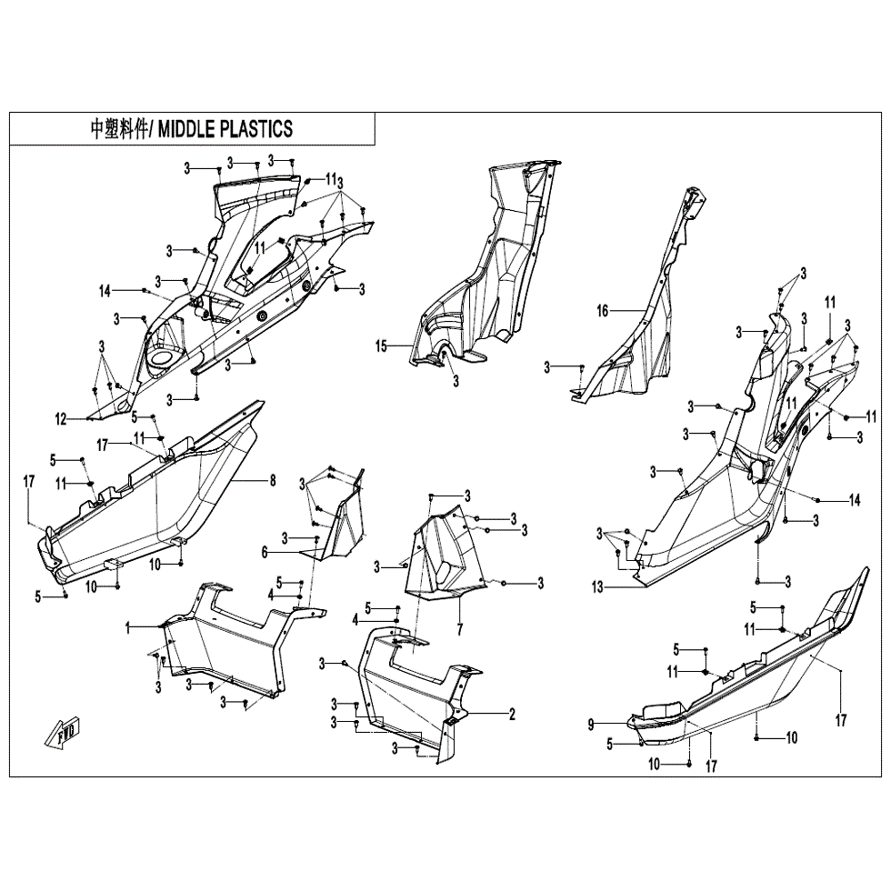 An Image of a Genuine CFMOTO Parts Schematic Diagram showing the schematic - MIDDLE PLASTIC(2) - 2022 CFMOTO ZFORCE 950 Sport