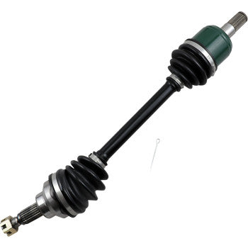 Black metal CV axle with rubber protective boots on both ends, steel joints, and a small metal pin accessory.