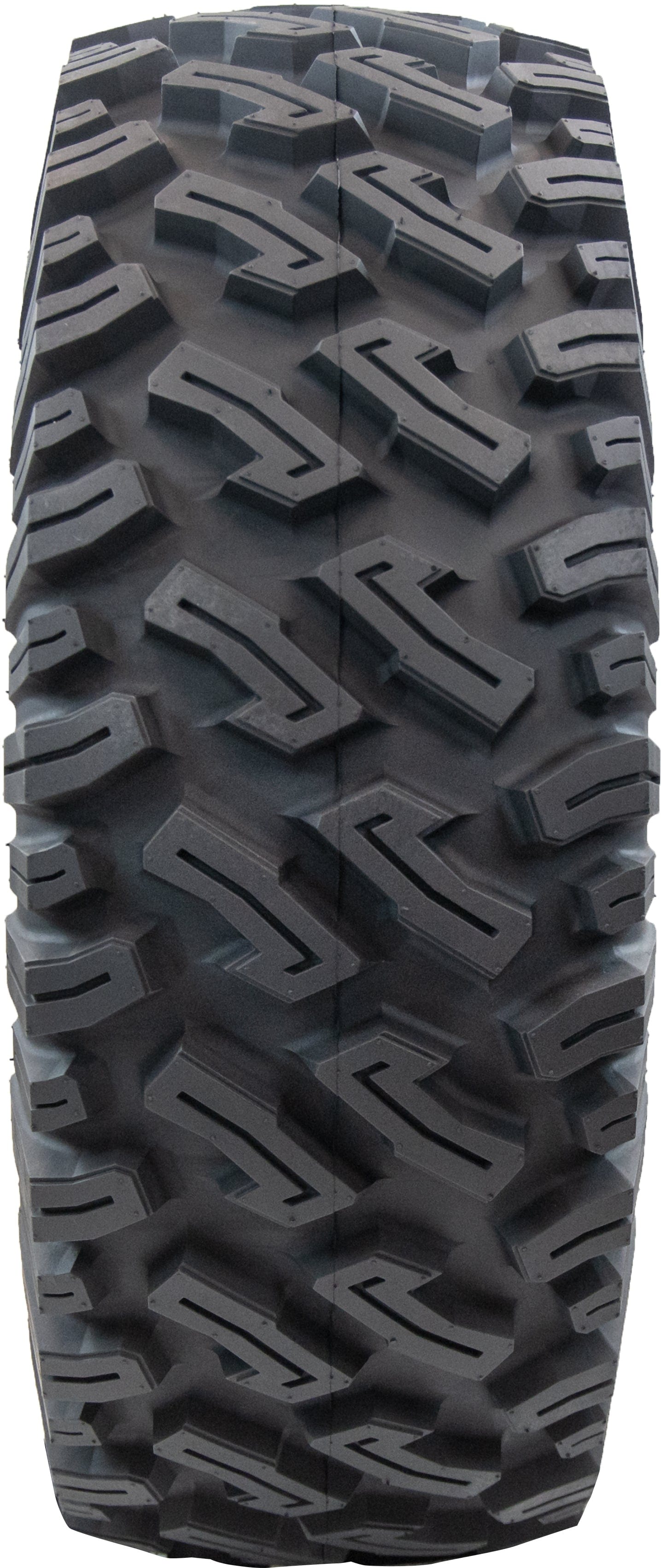 A close-up of the Tire Dirt Commander 2.0 Radial 30X10R14 by GBC displays its black, aggressive tread and square shoulder profile, engineered for superior grip and added sidewall protection on rough off-road terrain.