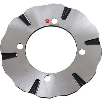 The Polaris UTV Brake Rotor by Braking is a silver, circular metal disc with extra thickness, featuring four large holes and six black grooved slots around the edge, shown against a white background.