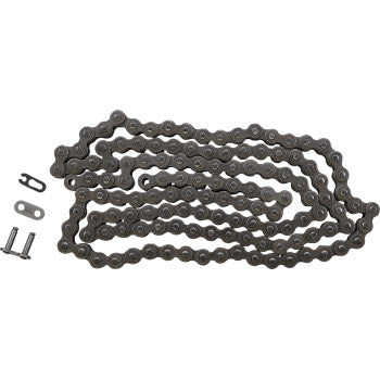 A 428 Standard Drive Chain with 130 links by Did is arranged in a loose, wavy pattern next to a connecting link and two small pins on a plain white background.