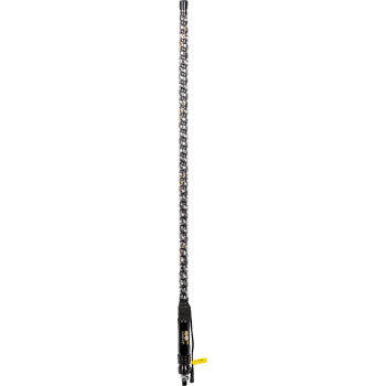 The 4' Light Rod Whip Chase Quick Disconnect by Whipitlightrods features sleek black and gray chasing color patterns, a durable cylindrical connector at the bottom, and a convenient yellow tag for easy identification.