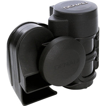 The Denali SoundBomb™ Dual Tone Horn features a black cylindrical body, attached mounting bracket, and embossed Denali logos on the cover and main unit—engineered for powerful, attention-grabbing sound.