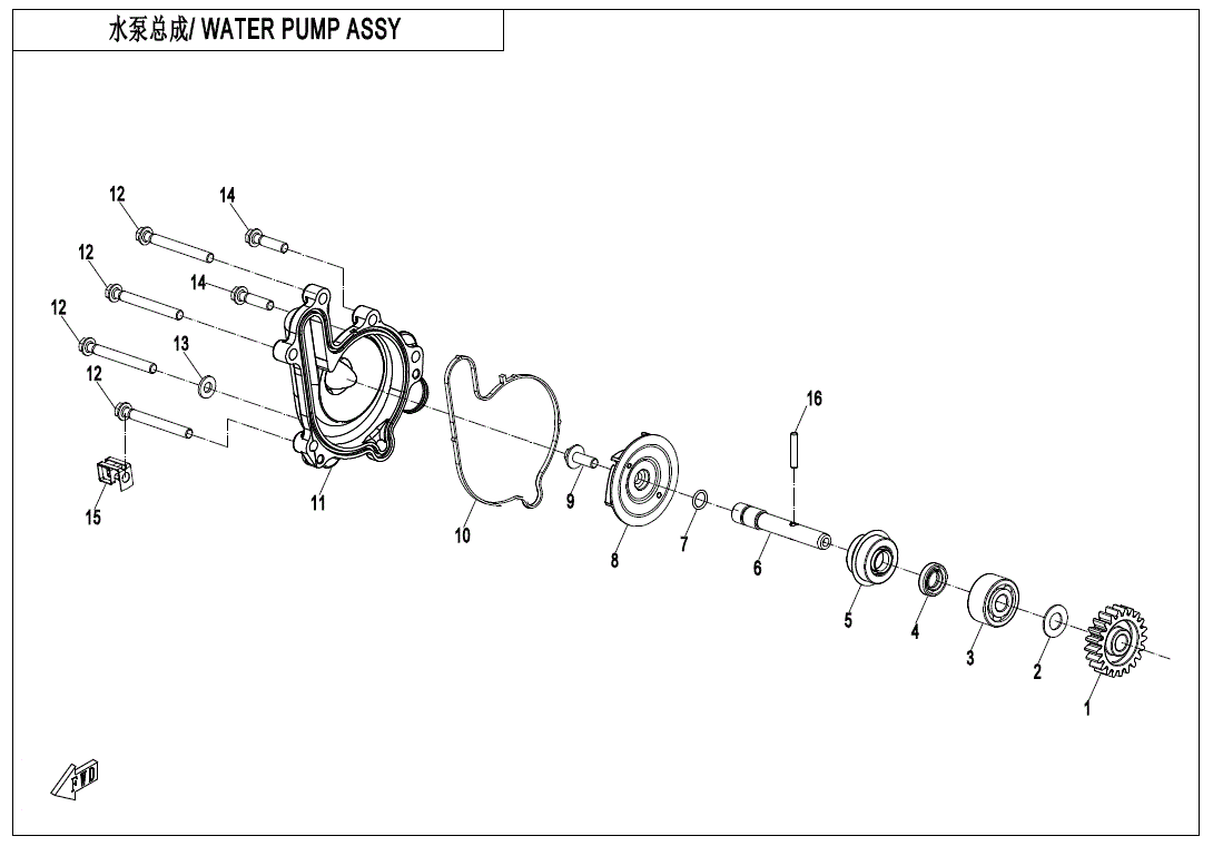 Exploded diagram of the Water Pump Cover by CF Moto with labeled, numbered parts like bolts, gaskets, gears, seals, and housing. Ideal reference for CFmoto OEM or ATV off-road vehicle parts enthusiasts.
