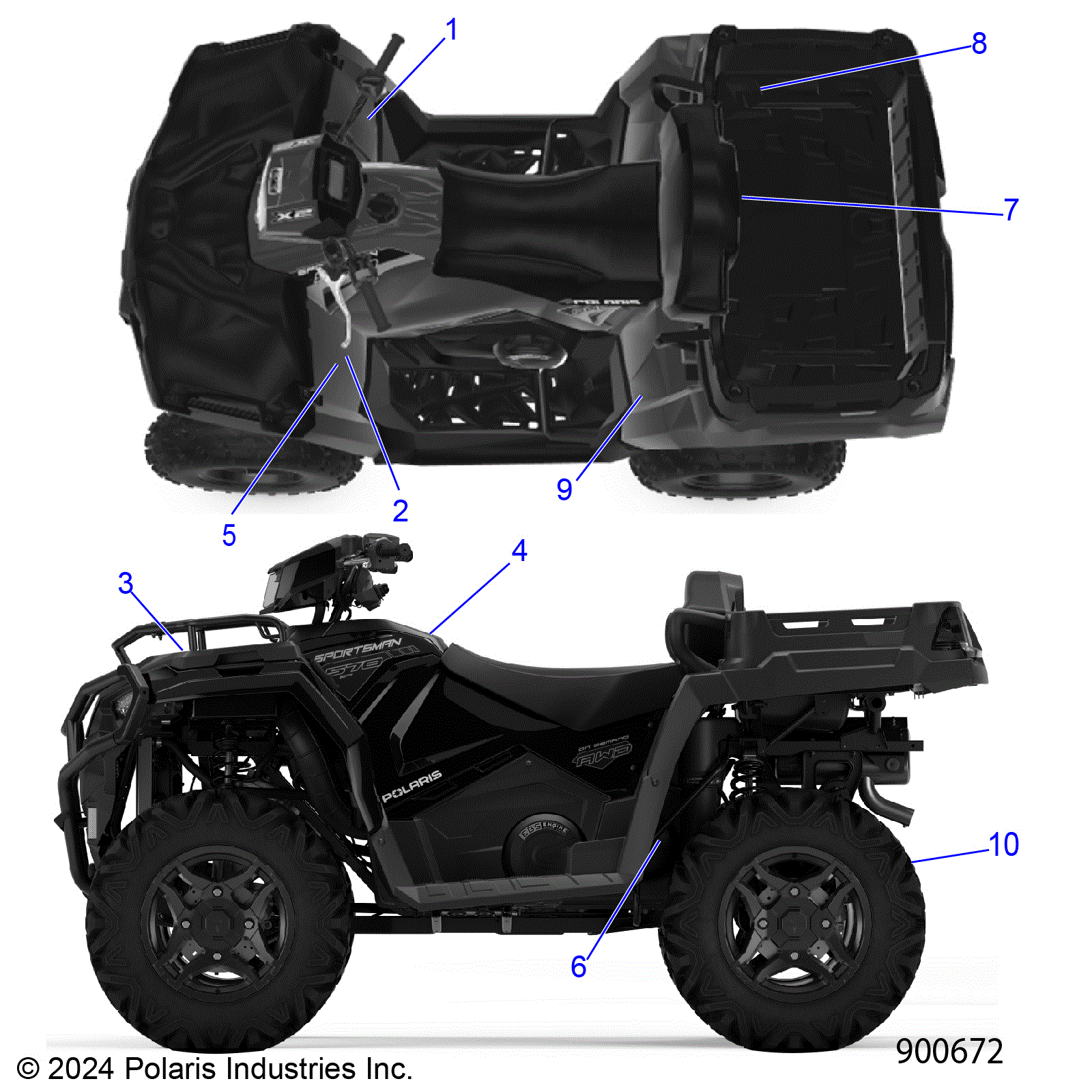 An Image of a Genuine Polaris Parts Schematic Diagram showing the schematic - BODY: DECALS STANDARD - 2025 POLARIS SPORTSMAN TOURING 570 X2 EPS