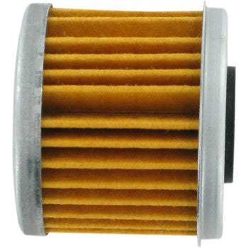 The Oil Filter by Parts Unlimited features a cylindrical pleated German paper element with silver metal end caps in a close-up side view and meets strict OEM requirements.