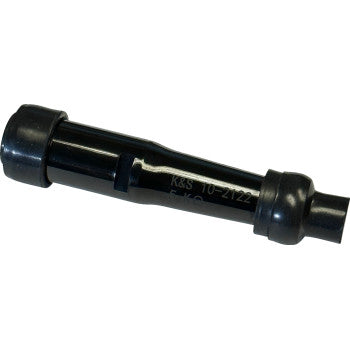 A black cylindrical K&S Technologies Spark Plug Cover Resistor 14 mm, featuring wider ends, a narrower middle section, adaptable thread for secure fitting, and the code 10-2122 printed on its side.