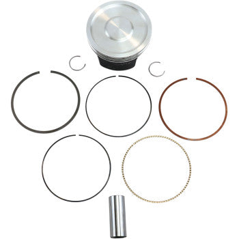 The Arctic Cat Piston Kit 102.00 mm by Wiseco includes a forged 4-stroke piston, wrist pin, two circlips, and five piston rings arranged on a white background—perfect for high-performance engine needs.