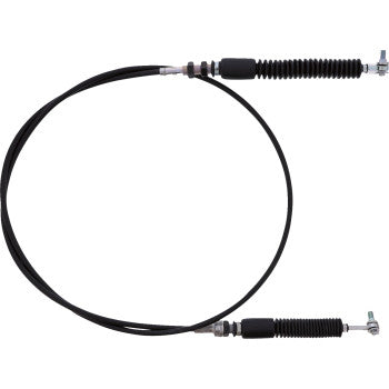 Black flexible shift cable with metallic connectors and protective rubber boots on both ends.