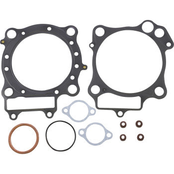 The Honda Top End Gasket Set by Prox includes two large circular gaskets with bolt holes, smaller round and oval gaskets, metal washers, and O-rings—perfect for top-end rebuilds—displayed on a plain white background.