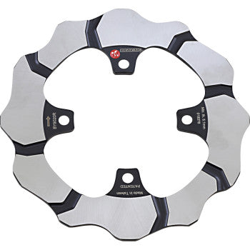 Silver wave-patterned brake rotor with black accents and three mounting holes.