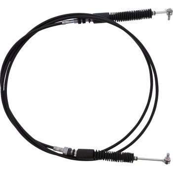 Black flexible shift cable with metal fittings and protective rubber boots on both ends.