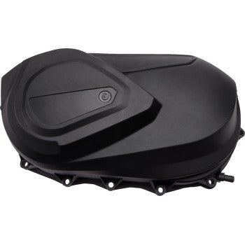 Matte black Can Am clutch cover outer with angular design and mounting holes around edges.