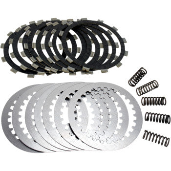 The Clutch Kit by Ebc features heavy-duty friction plates, steel plates, and coil springs, all displayed on a white background—perfect for performance or race applications.