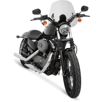A black and silver motorcycle featuring a Shooter Windshield - Solar by Memphis Shades, chrome exhaust pipe, round headlight, and black seat, displayed from a front-right angle against a white background.