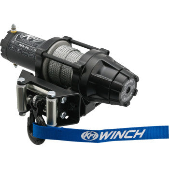 The AM-35 Assault Winch 3500lb by Kfi Products is a compact black ATV winch with a coiled steel cable, sturdy hook, and blue KFI WINCH strap—perfect for tough jobs.