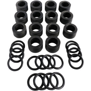 The A-Arm Bushing Kit Front by Epi includes sixteen black cylindrical OEM-quality bushings and sixteen black rubber O-rings, all displayed neatly on a white background.