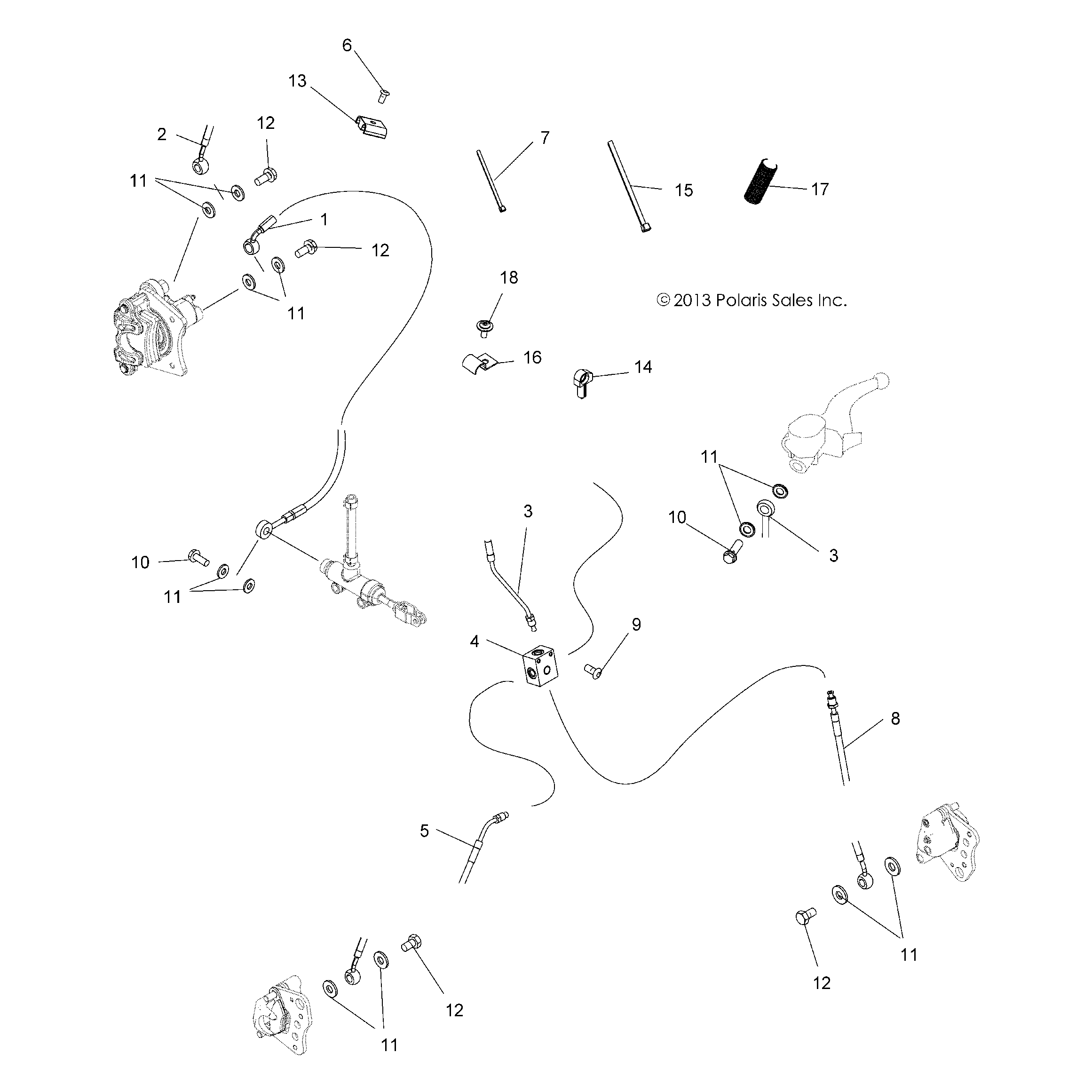 An Image of a Genuine Polaris Parts Schematic Diagram showing the schematic - BRAKES: BRAKE LINES - 2016 POLARIS SPORTSMAN 570 EFI UTE HD