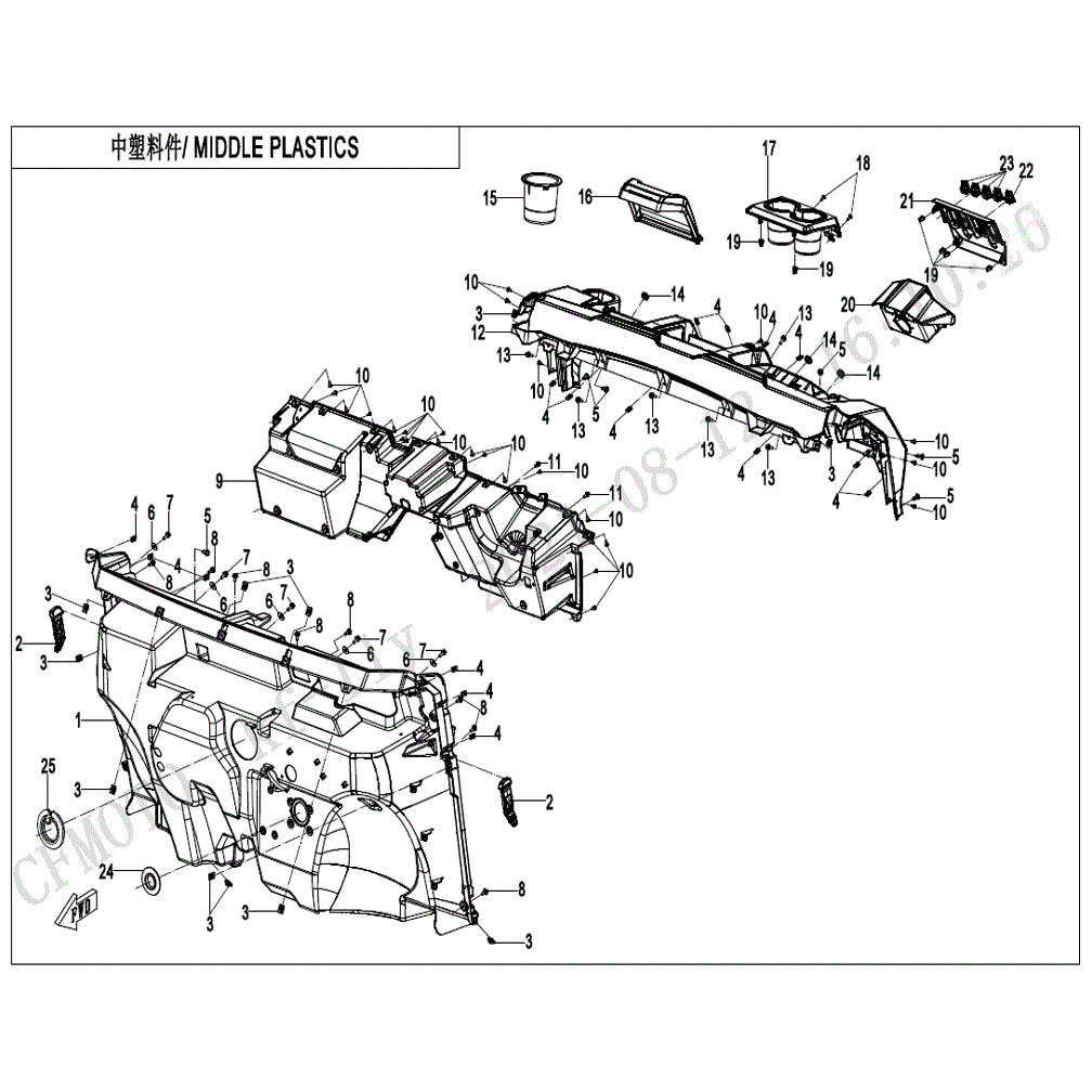 An Image of a Genuine CFMOTO Parts Schematic Diagram showing the schematic - MIDDLE PLASTICS(2) - 2022 CFMOTO UFORCE 600