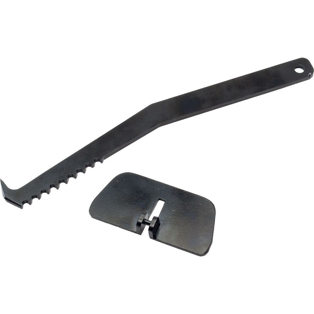 The Fork Oil Seal Remover by Unit is a metal tool with a hooked, notched end and a separate rectangular piece, both designed to be used together for easy removal of fork oil seals or handling oil seals in automotive tasks.