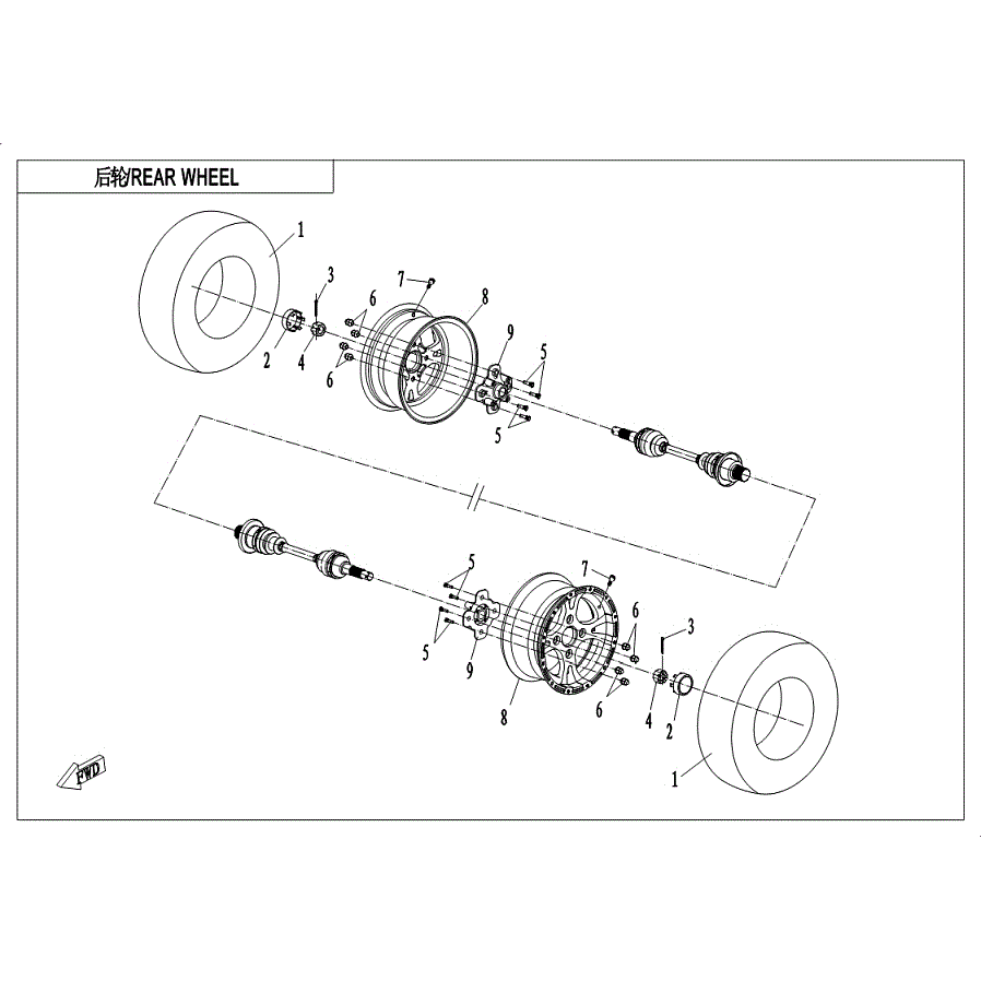 An Image of a Genuine CFMOTO Parts Schematic Diagram showing the schematic - REAR WHEEL (2018 CONDITION) - 2019 CFMOTO UFORCE 800
