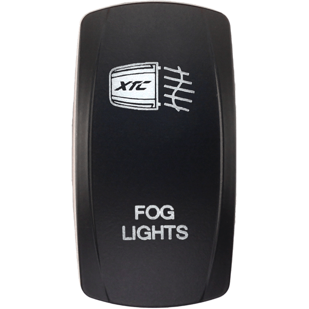 A black rectangular Dash Switch Rocker Face Fog Lights by XTC Power features a fog light symbol, the text FOG LIGHTS, and XTC above the label.
