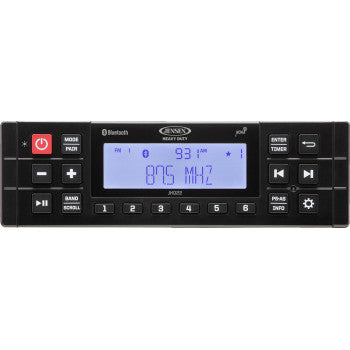 The Bluetooth Stereo by Jensen is a rectangular black heavy-duty radio panel with a lit digital display showing 87.5 MHz, control buttons, Bluetooth and audio mode icons, and an AM/FM tuner for versatile listening.