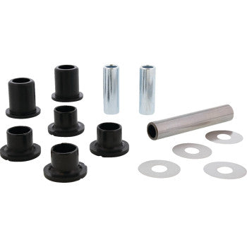 The Rear Knuckle Suspension Kit by Moose Offroad, featuring eight black bushings, two metal sleeves, one metal tube, and four flat washers for A-arm repairs, is neatly arranged on a white background.