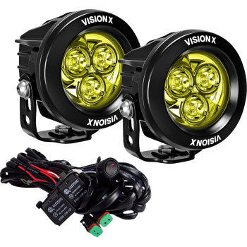 A pair of Vision X Light Cannon CG2 3 3/4" Multi LED lights with selective yellow lenses and black housings, featuring VISION X branding, includes an attached wiring harness and control switch for a wide beam pattern.