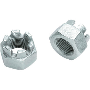 Two Dura Blue Axle Hub Nuts, each 18 mm with slotted ends and internal threading for axle protection, are shown against a white background.