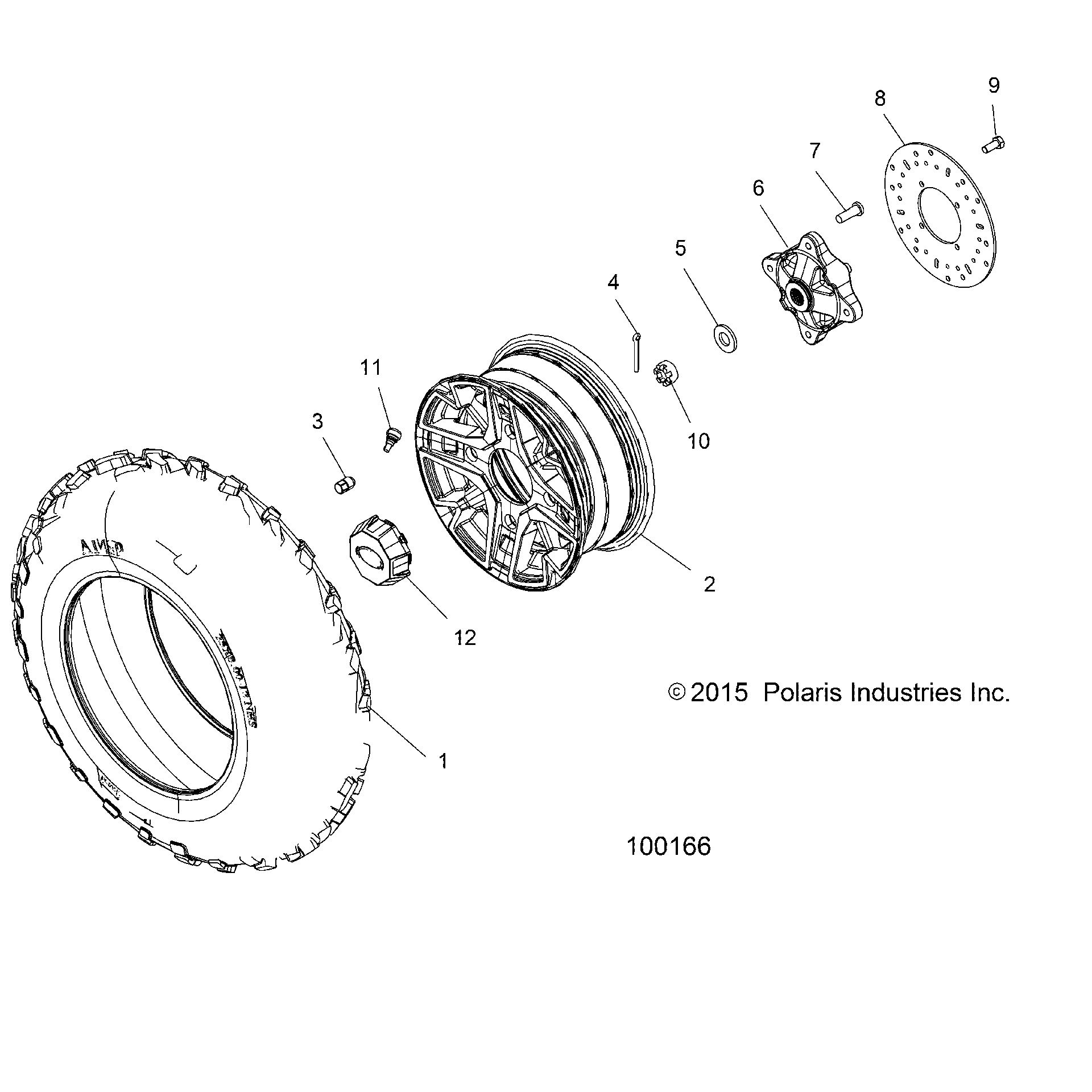 An Image of a Genuine Polaris Parts Schematic Diagram showing the schematic - WHEELS: FRONT TIRE and BRAKE DISC - 2016 POLARIS ACE 900 EFI EPS