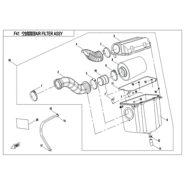 An Image of a genuine CFMOTO Parts Schematic Diagram showing the group - AIR FILTER ASSY. - 2018 CFMOTO CFORCE 500 HO