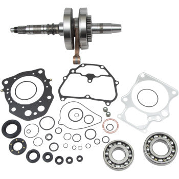 The Honda OE Crankshaft Replacement Kit by Hot Rods includes a crankshaft, connecting rod, ball bearings, rubber seals, and metal and gasket rings, all arranged neatly on a white background.