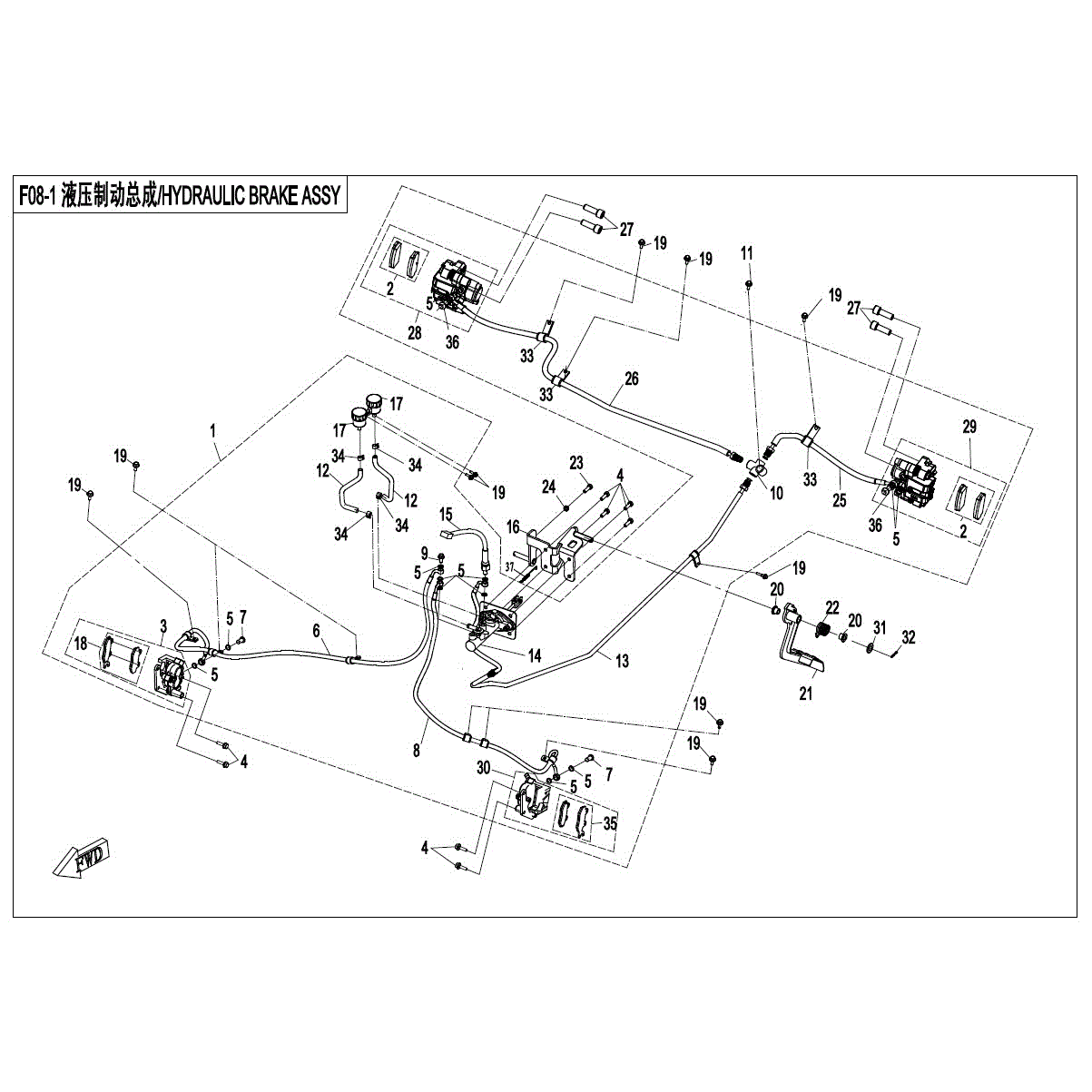An Image of a Genuine CFMOTO Parts Schematic Diagram showing the schematic - HYDRAULIC BRAKE ASSY - 2017 CFMOTO ZFORCE 800 EX