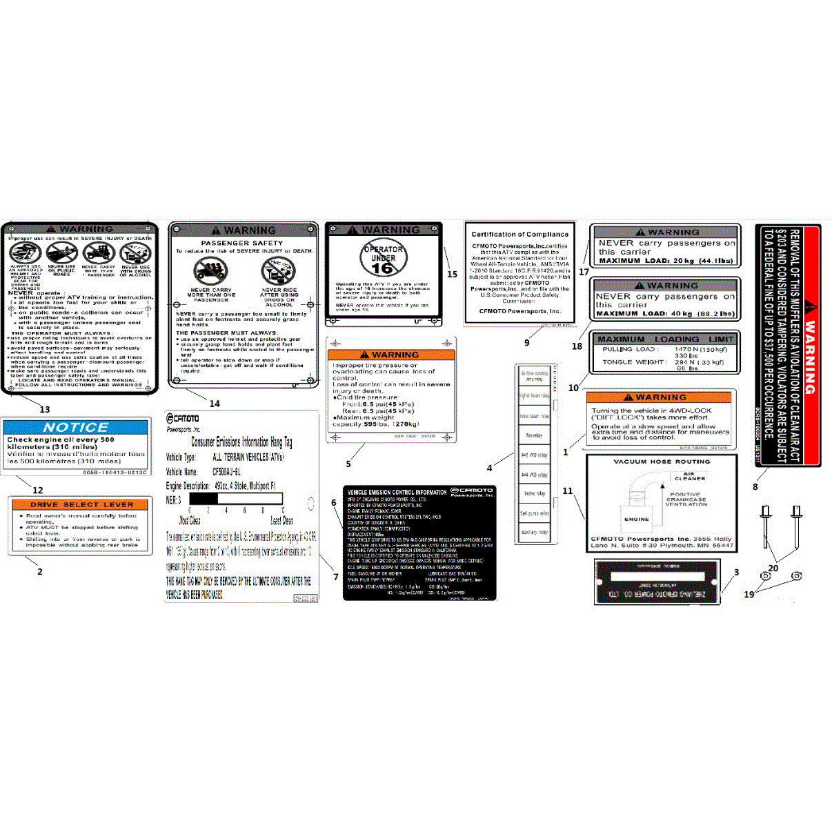 An Image of a genuine CFMOTO Parts Schematic Diagram showing the group - WARNING DECALS - 2016 CFMOTO CFORCE 500 HO