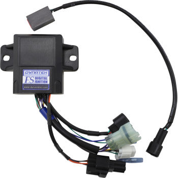 The Yamaha Programmable Ignition System by Dynatek is a black electronic ignition control module with multicolored wires and connectors, featuring programmable advance curves for customized performance.