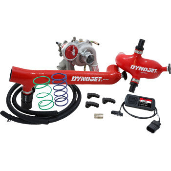Red tubular intake pipes with Dynojet logo, silver turbocharger, black wiring harness, assorted colorful silicone rings, and