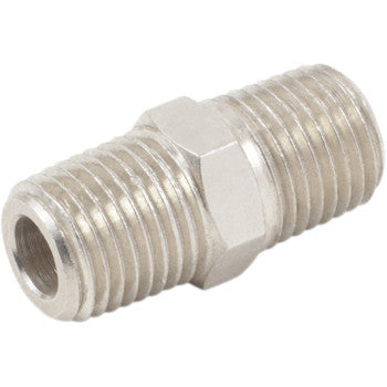 The Adapter Nipple Hex Male 1/4 by Kleinn is a metal fitting with external threads on both ends, perfect for connecting two threaded pipes or fittings in plumbing or industrial settings.