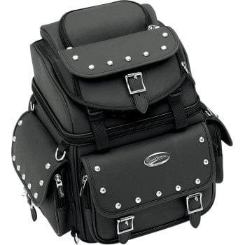 The Studded Sissybar Bag by Saddlemen is a black leather backpack with silver studs and buckles, multiple front and side pockets, and adjustable straps for comfortable carrying.