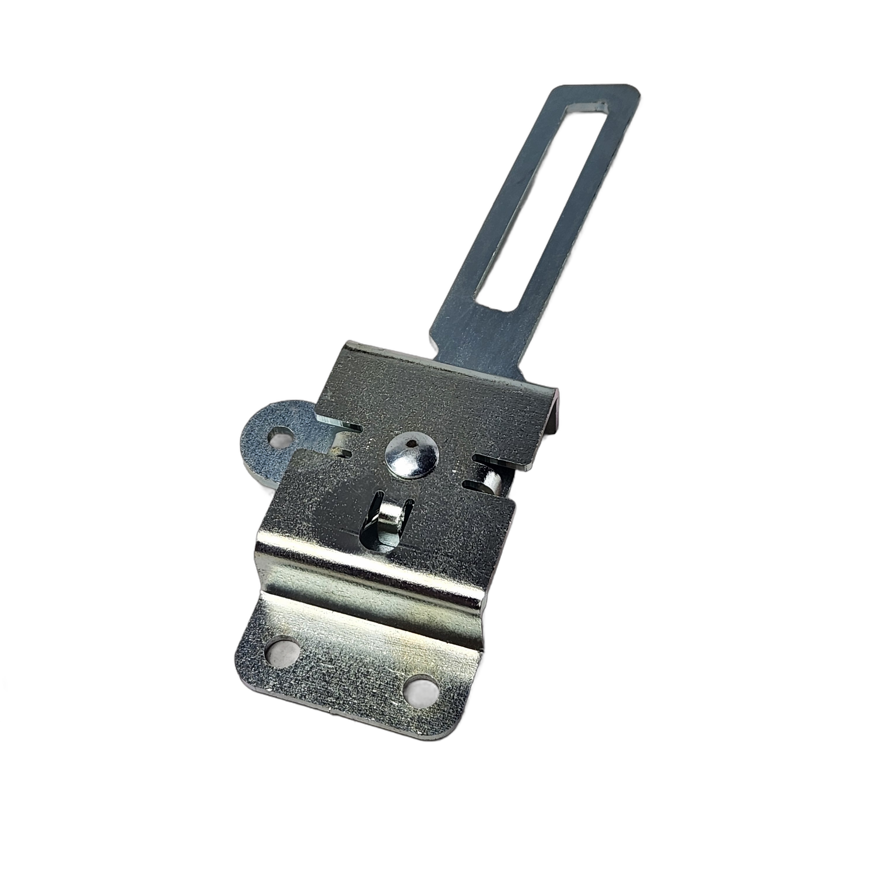 The Right Door Lever by Arctic Cat features a metal latch with a slotted arm and base plate with two screw holes, designed for securing UTV panels. Its metallic, slightly reflective finish matches OEM Arctic Cat parts.