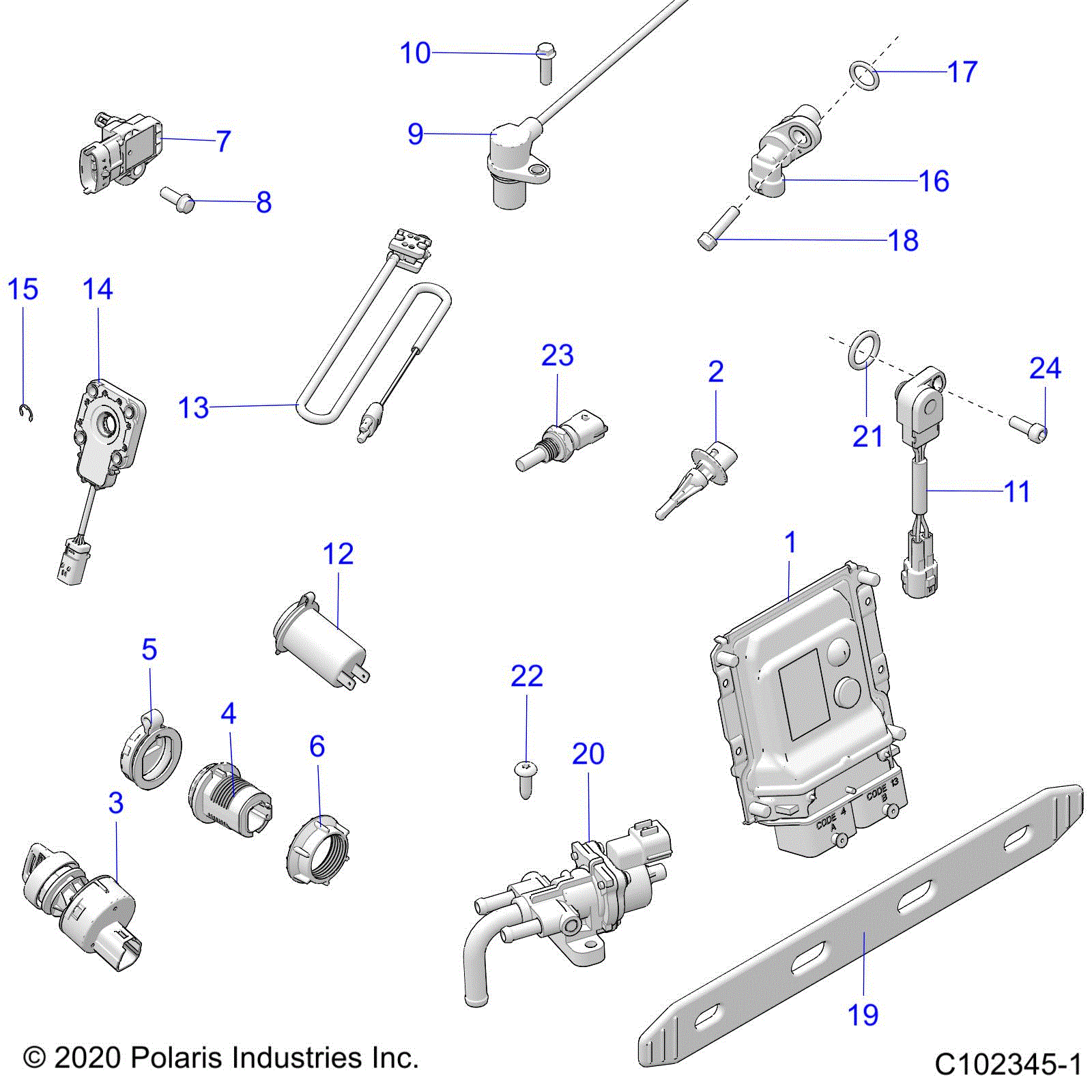 An Image of a Genuine Polaris Parts Schematic Diagram showing the schematic - ELECTRICAL: SWITCHES SENSORS ECU and CONTROL MODULES - 2021 POLARIS SPORTSMAN 850 48"
