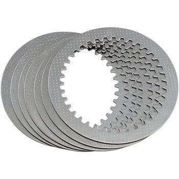 The Clutch Plate Kit Steel by Hinson Racing features perforated metal plates with interlocking inner tabs, arranged for optimal performance—perfect for use with OEM clutch baskets or Hinson clutch components.