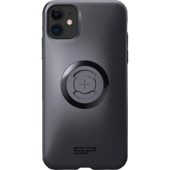 The SPC+ Phone Case iPhone® 11 XR by Sp Connect is a black case with a circular, rotating ring at the center and "SP" lettering below, MagSafe compatible for effortless magnetic attachment and wireless charging.