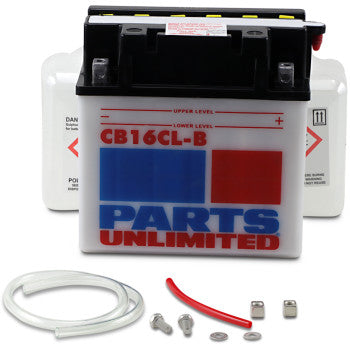 A white Battery YB16CL B by Parts Unlimited with red and blue markings, designed for heavy-duty cranking power. Includes clear tube, red tube, screws, nuts, connectors, and two plastic containers.